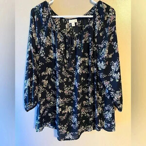 J. Jill Floral Blouse Blue‎ Semi Sheer Tassel Lightweight Large